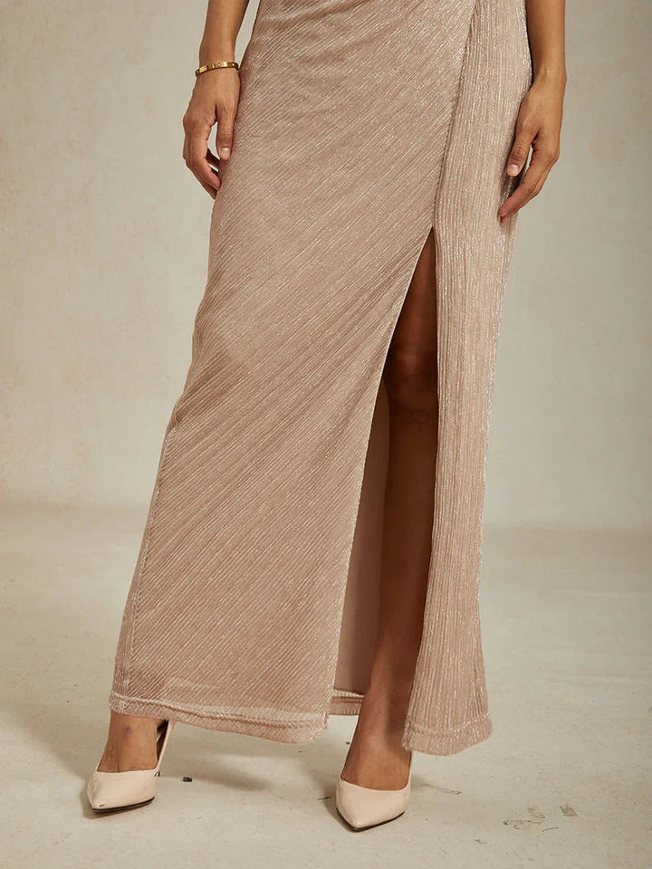 Metallic Geplooide Chiffon Maxi-jurk met V-hals