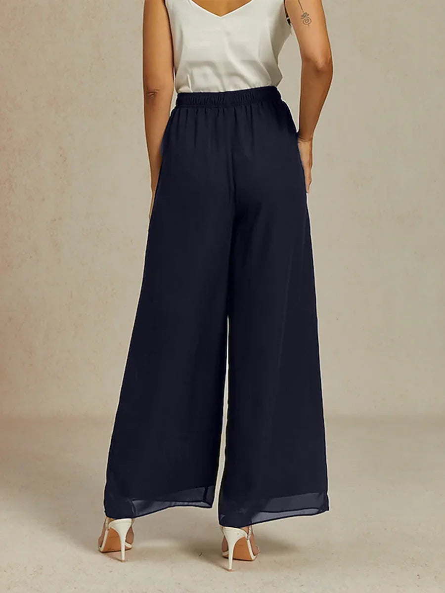 Mid-rise elastische taille wijde pijpen chiffon broek