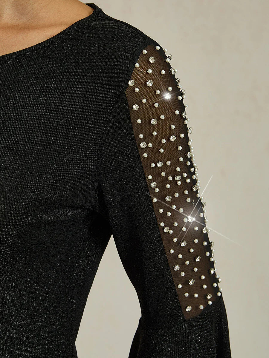 Metallic Gebreide Blouse met Kralen en Illusie-inzet