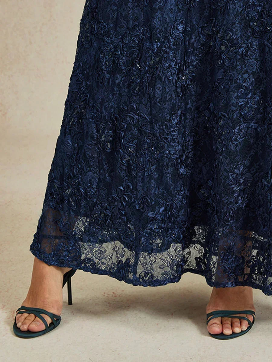 Rosette Lace Cap Sleeve V-neck Mermaid Gown