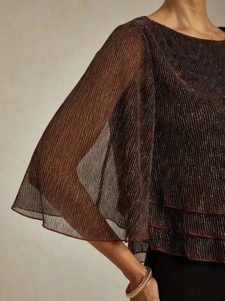 Metallisch Geplooide Chiffon Asymmetrische Gelaagde Blouse