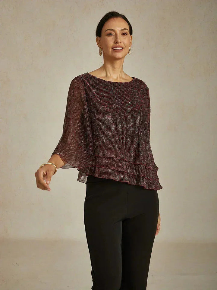 Metallic Geplooide Chiffon Asymmetrische Gelaagde Blouse