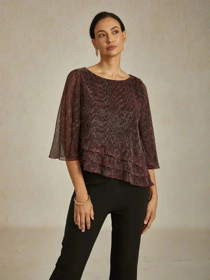 Metallic Geplooide Chiffon Asymmetrische Gelaagde Blouse