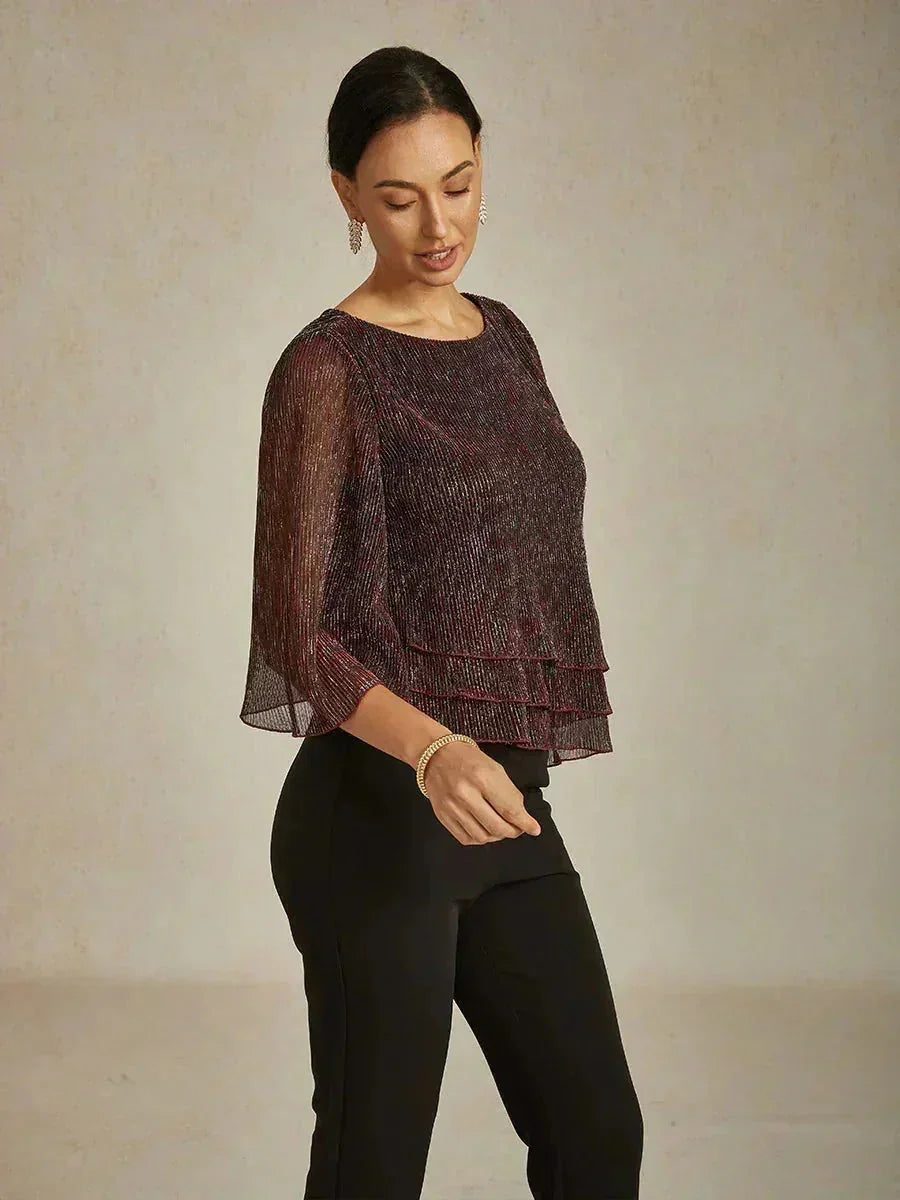 Metallisch Geplooide Chiffon Asymmetrische Gelaagde Blouse