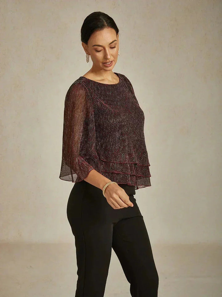 Metallic Geplooide Chiffon Asymmetrische Gelaagde Blouse
