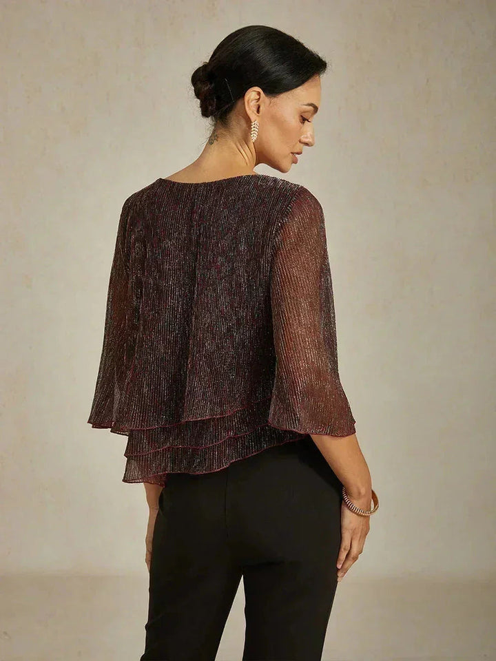 Metallic Geplooide Chiffon Asymmetrische Gelaagde Blouse