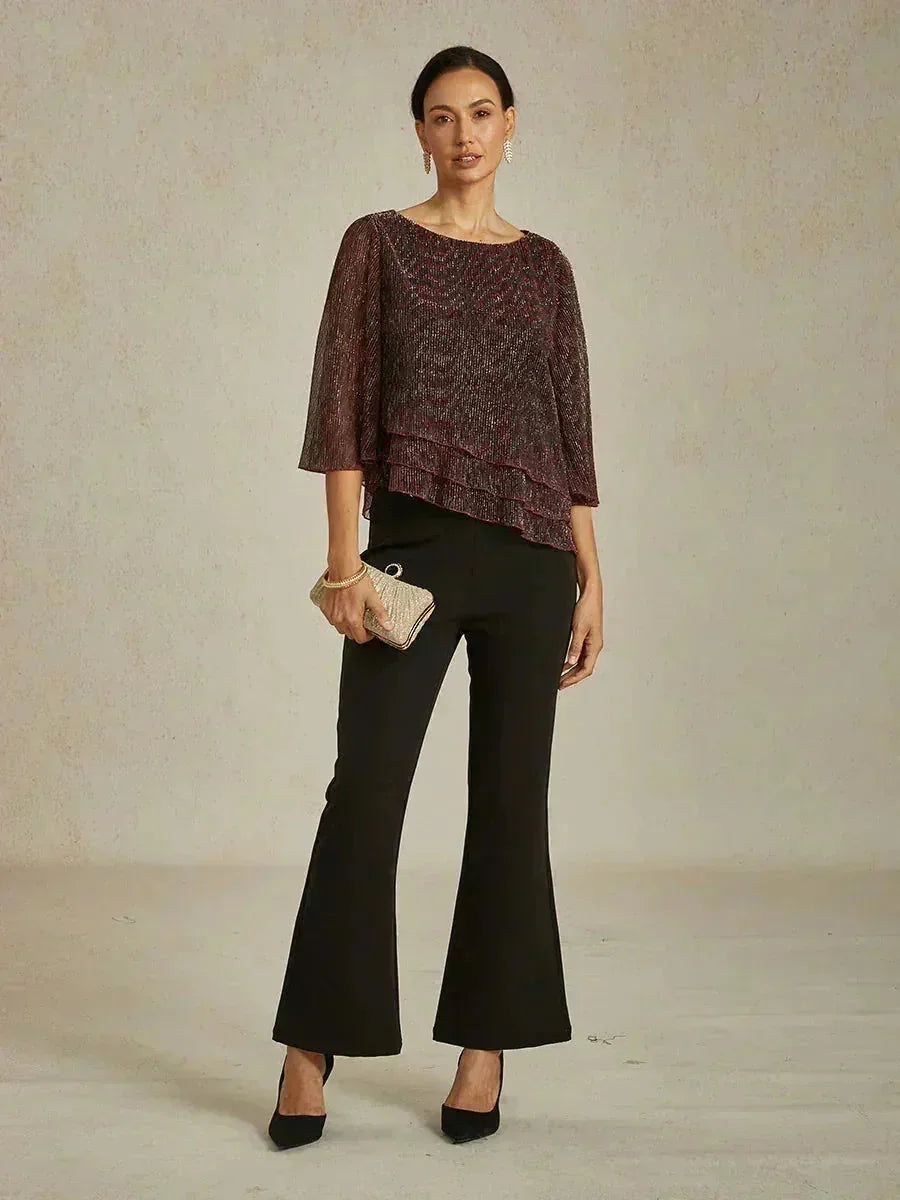 Metallic Geplooide Chiffon Asymmetrische Gelaagde Blouse