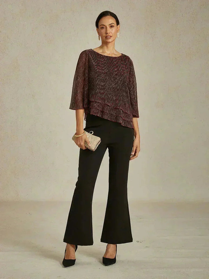 Metallic Geplooide Chiffon Asymmetrische Gelaagde Blouse