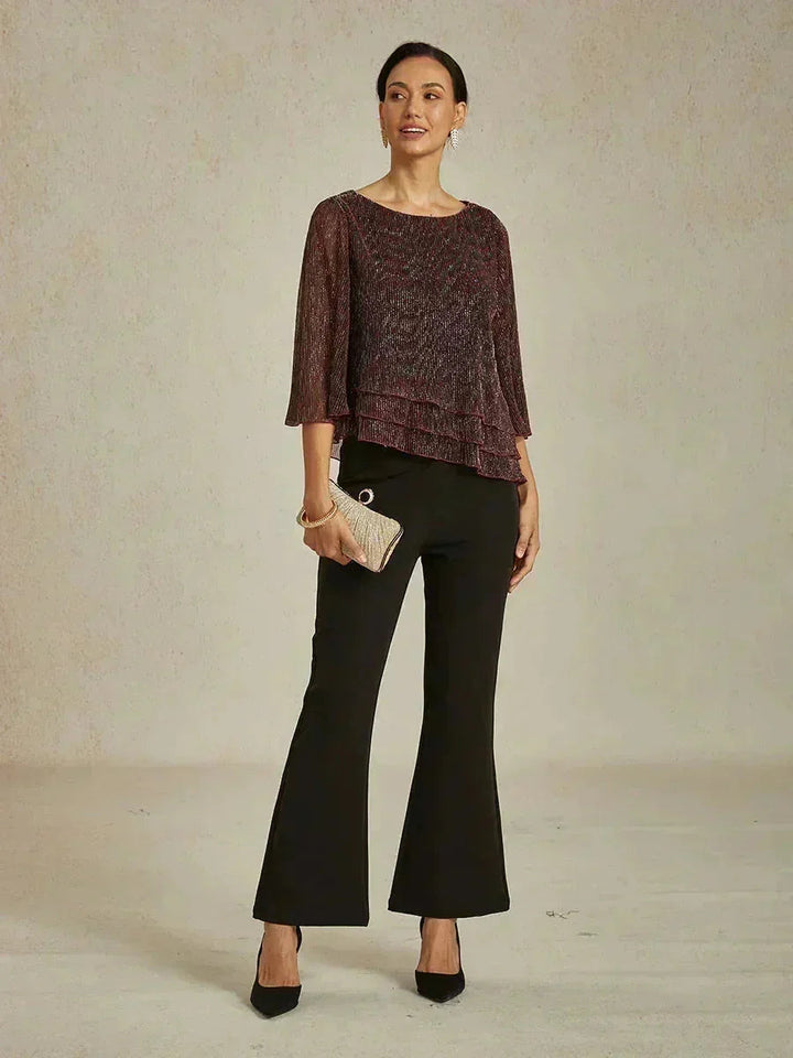 Metallic Geplooide Chiffon Asymmetrische Gelaagde Blouse