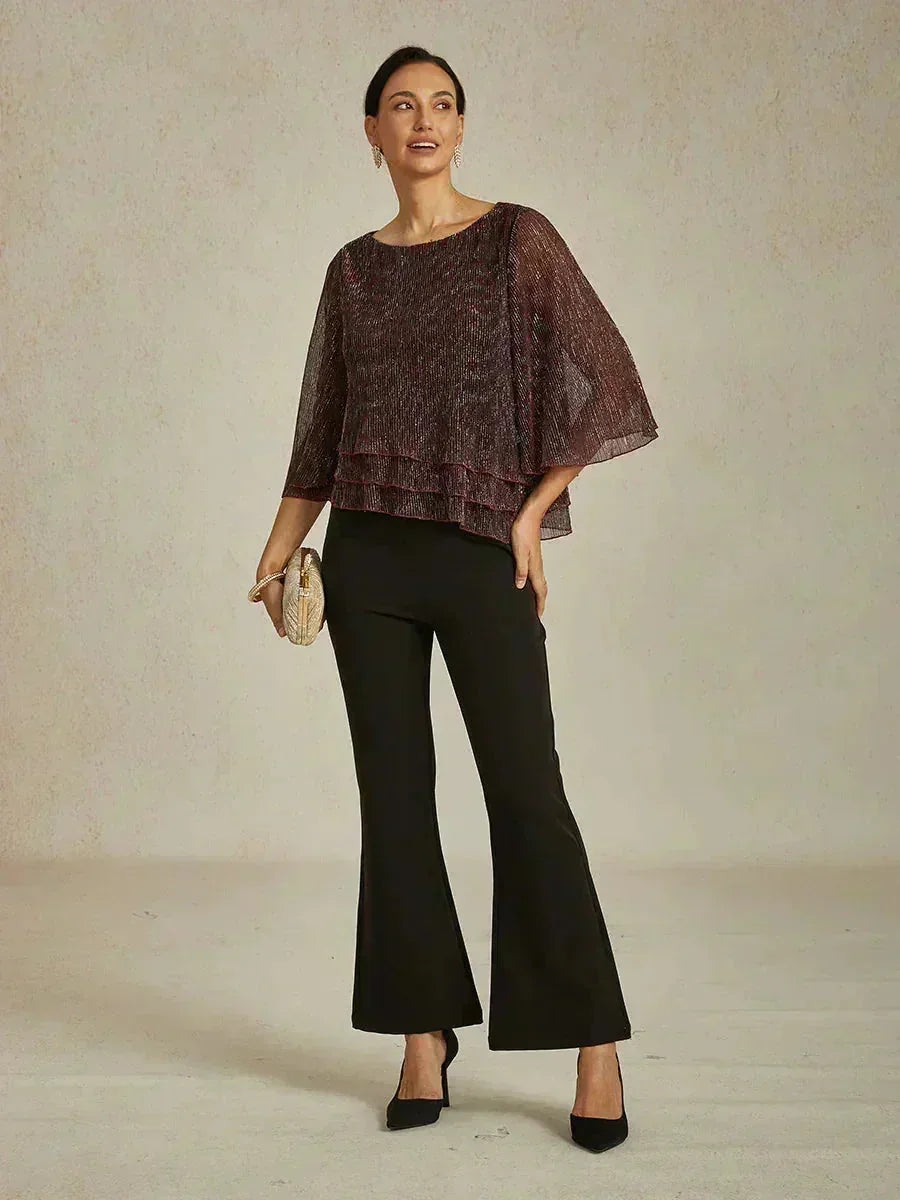 Metallische Geplooide Chiffon Asymmetrische Gelaagde Blouse