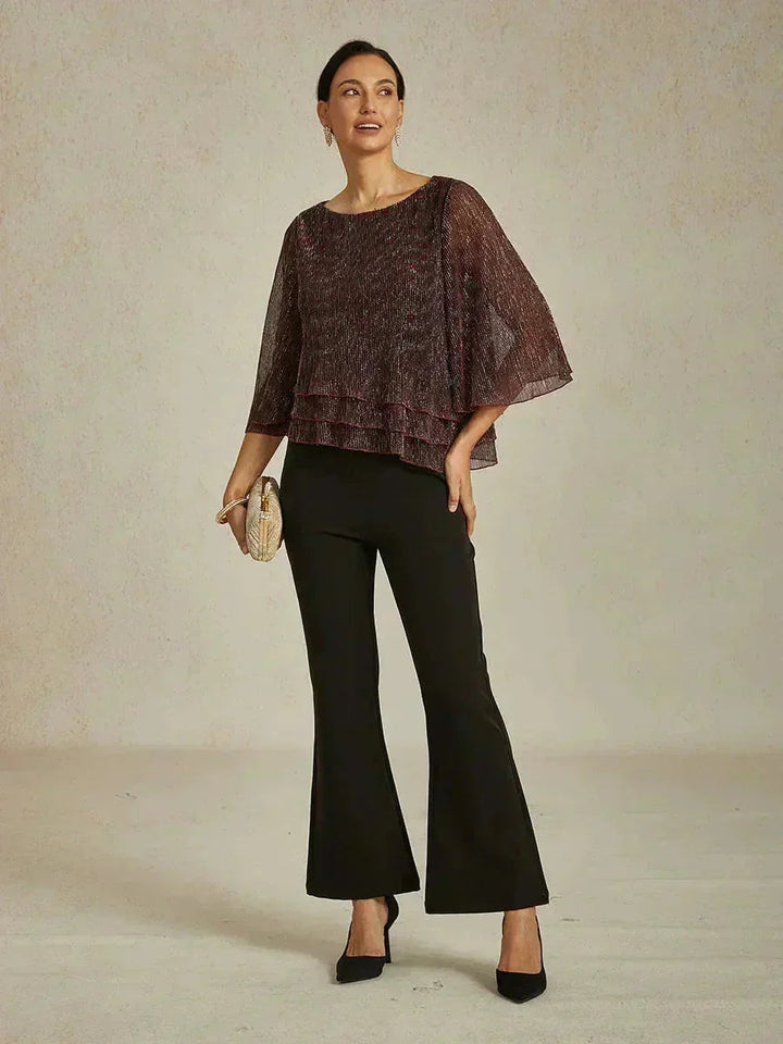 Metallisch Geplooide Chiffon Asymmetrische Gelaagde Blouse