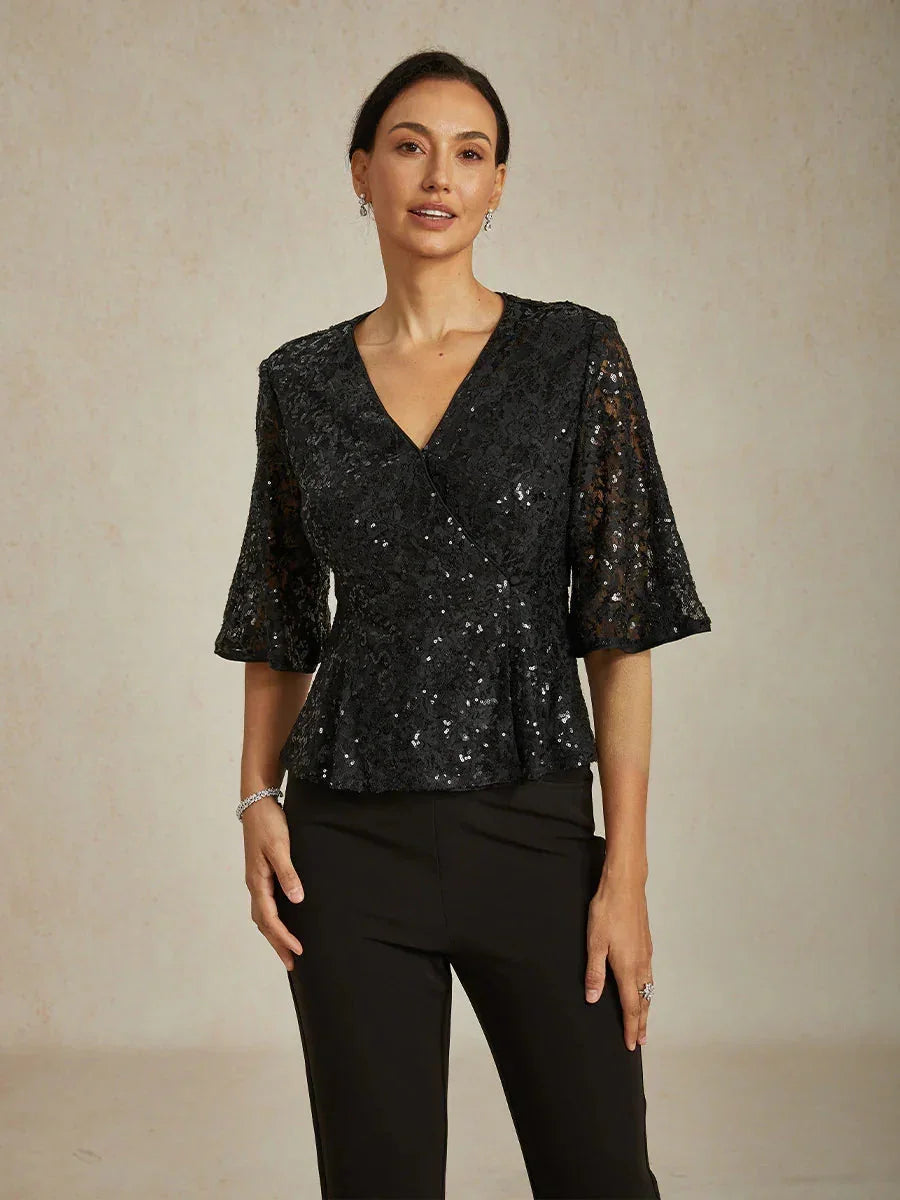 3/4-Mouwblouse van Rekbare Kant met Paillettenaccent