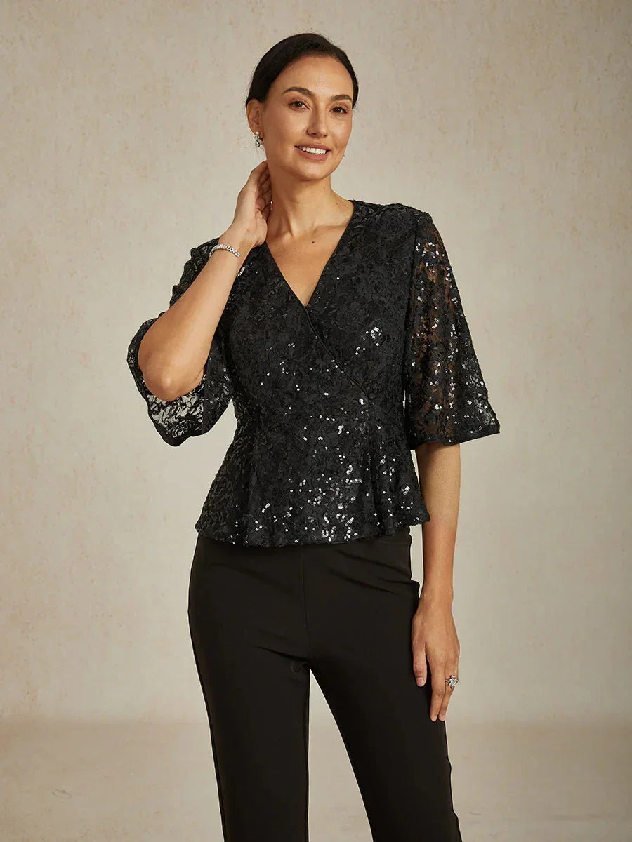 3/4-Mouwblouse van Rekbare Kant met Paillettenaccent