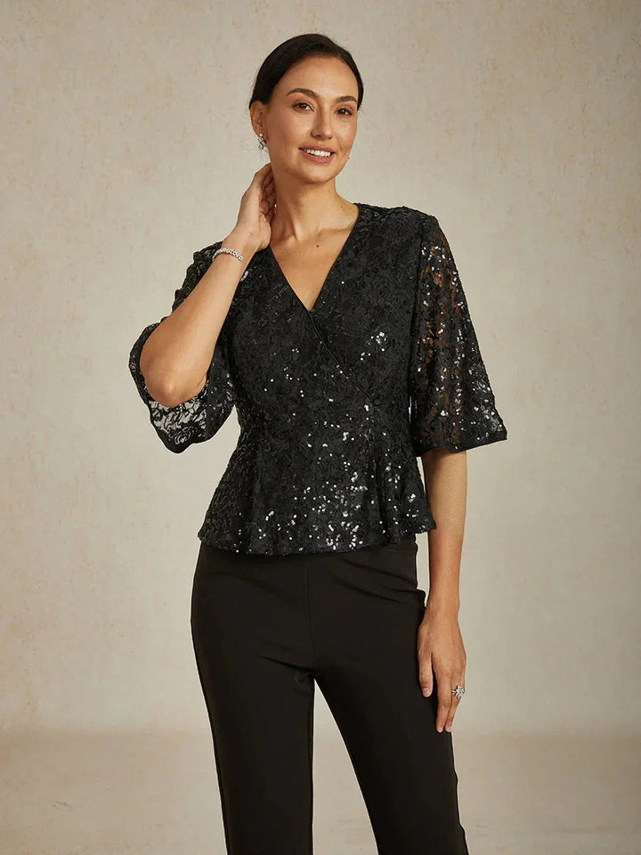 3/4-Mouwblouse van Rekbare Kant met Paillettenaccent