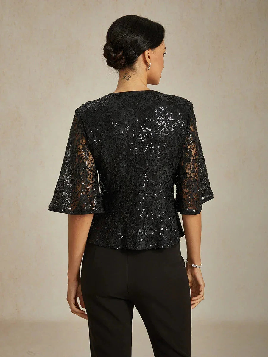 3/4-Mouwblouse van Rekbare Kant met Paillettenaccent