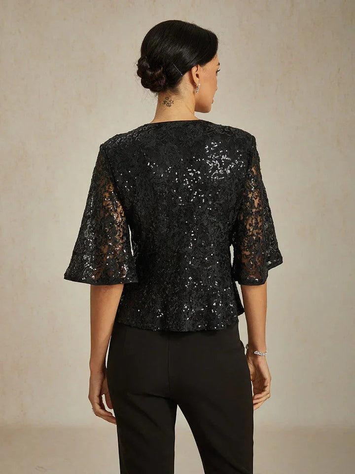 3/4-Mouwblouse van Rekbare Kant met Paillettenaccent