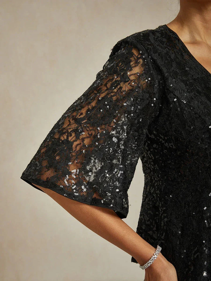 3/4-Mouwblouse van Rekbare Kant met Paillettenaccent