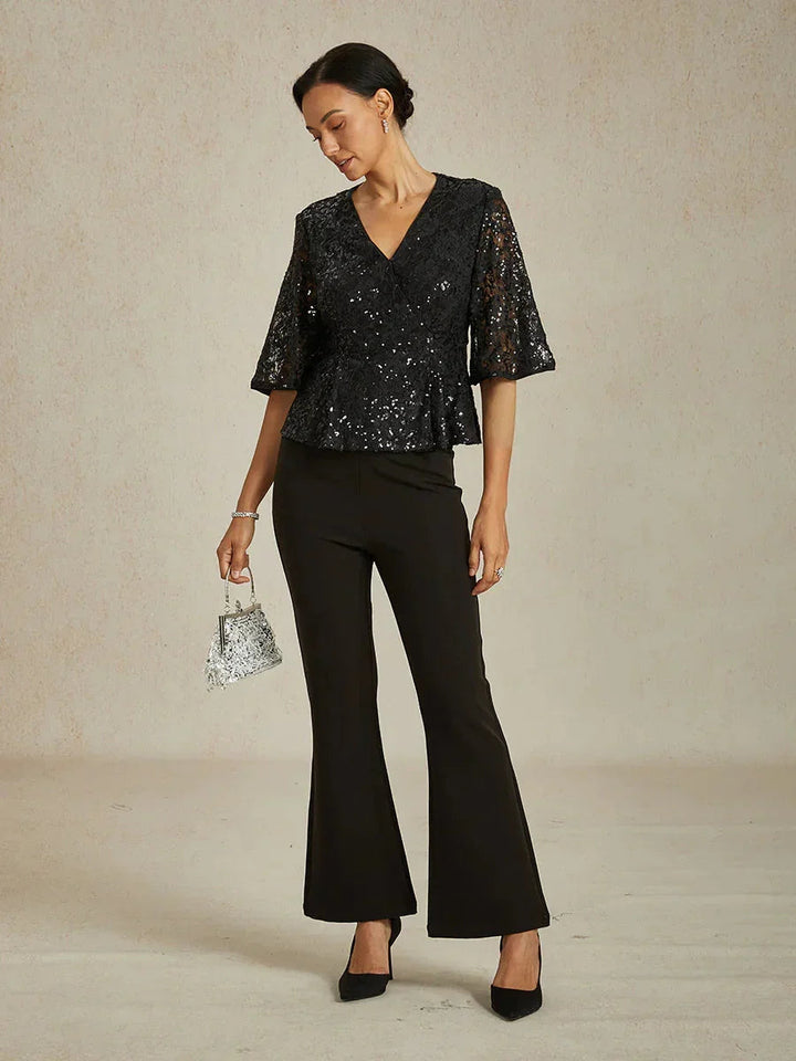 3/4-Mouwblouse van Rekbare Kant met Paillettenaccent