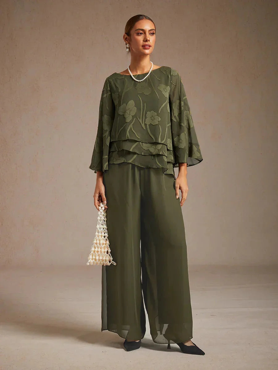 Broek Met Rechte Pijpen en Chiffon-Overslag Met Split