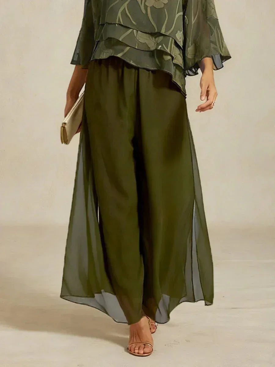 Rechte Broek met Chiffon-Overlay en Gespleten Pijp