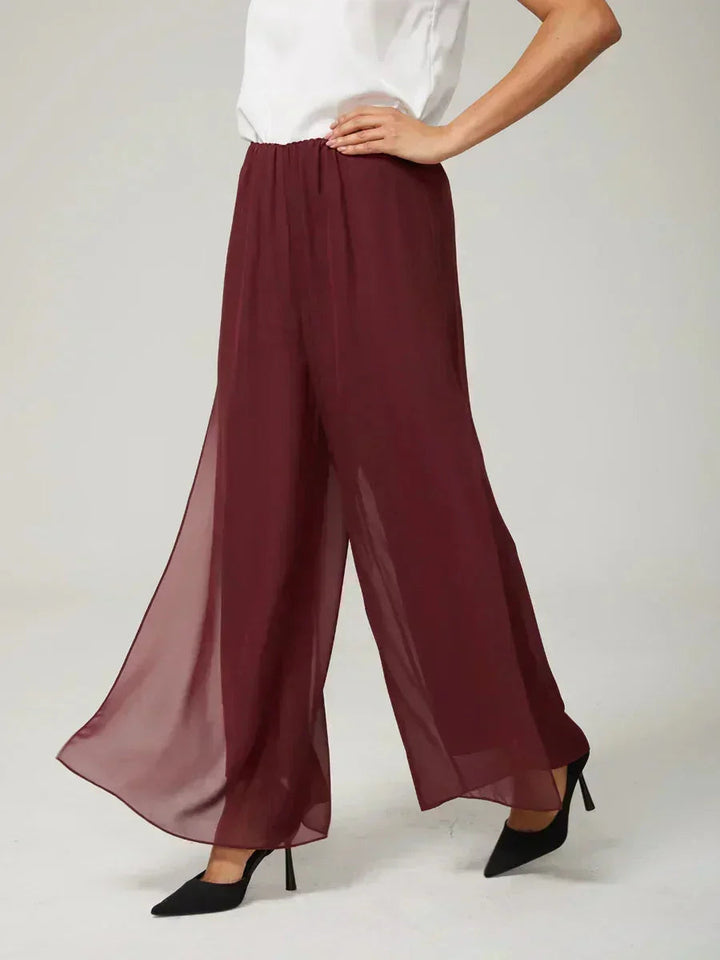 Rechte broek met chiffon split been overlay
