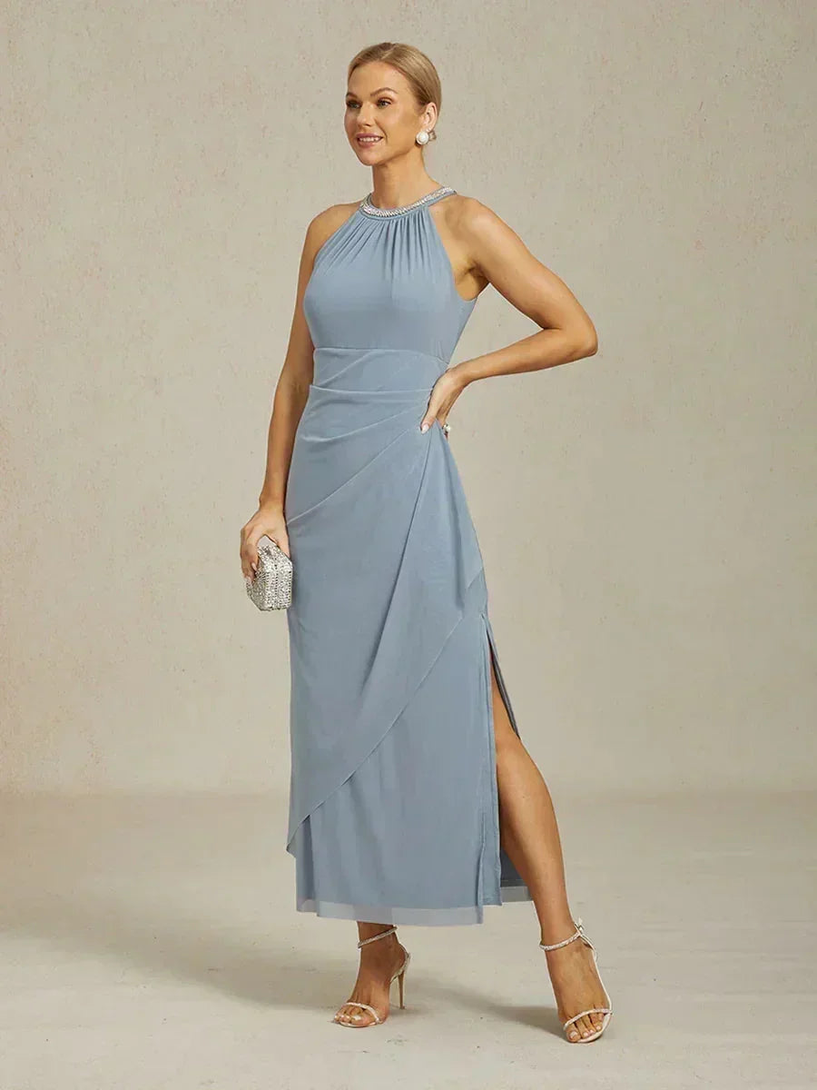 Elegante Halter Maxi-jurk met Kralen en Ruches