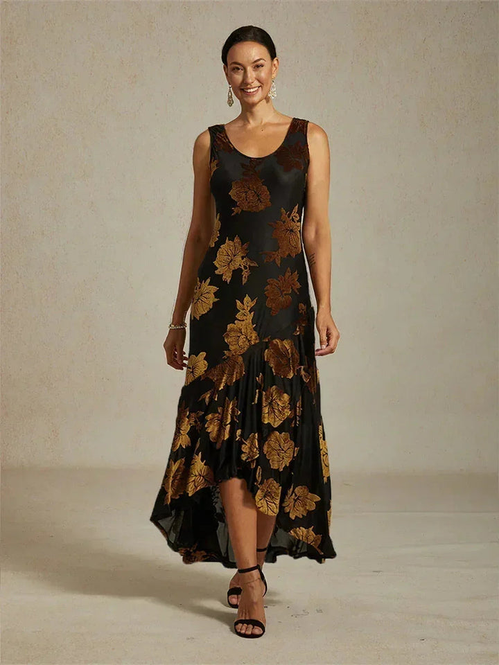 Floral Evening Gown with Asymmetrical Hem