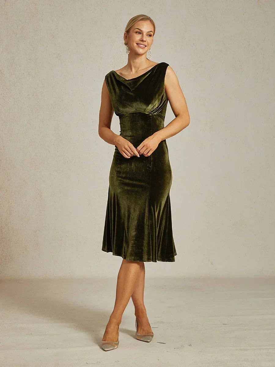 High-Stretch Fluwelen Mouwloze Midi-Jurk met Lage Ronde Hals