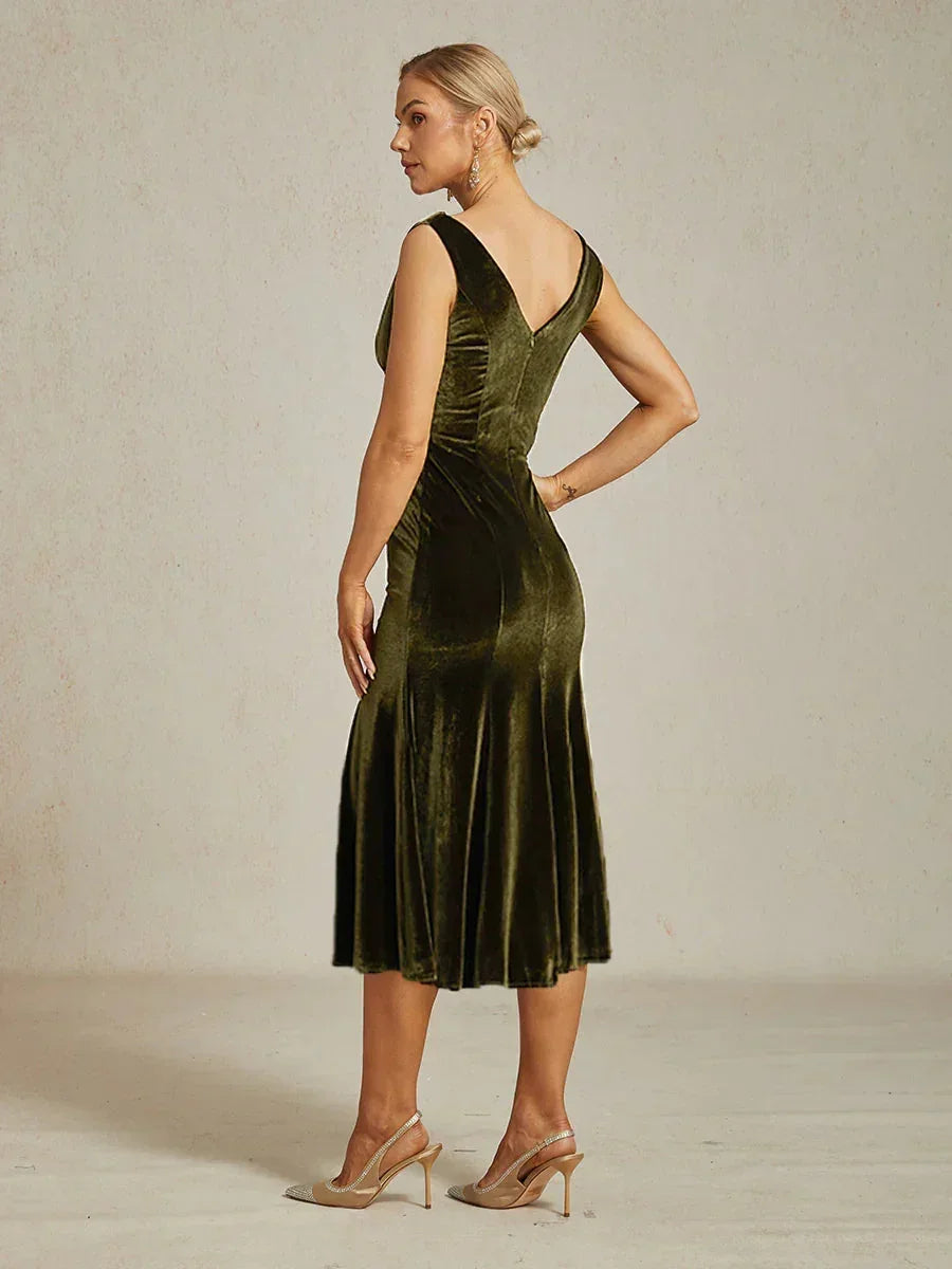 High-Stretch Fluwelen Mouwloze Midi-Jurk met Lage Ronde Hals