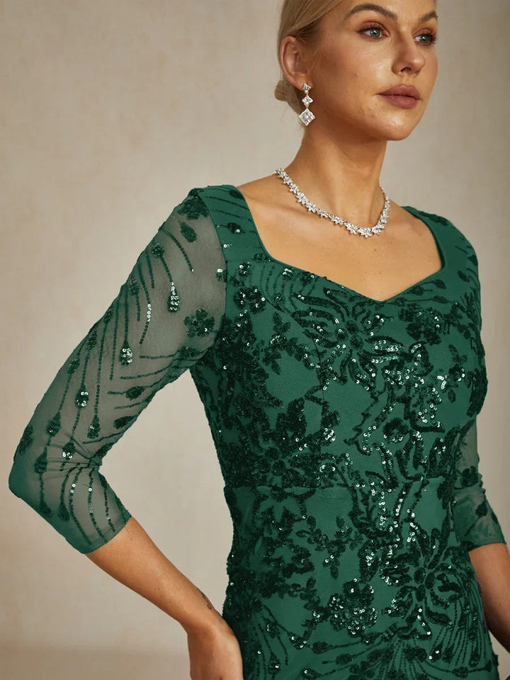 Square Neck 3/4 Sleeve Sequin Embroidered Mermaid Gown