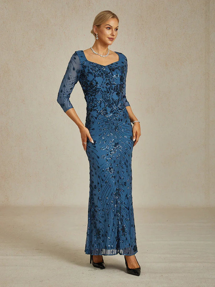 Square Neck 3/4 Sleeve Sequin Embroidered Mermaid Gown