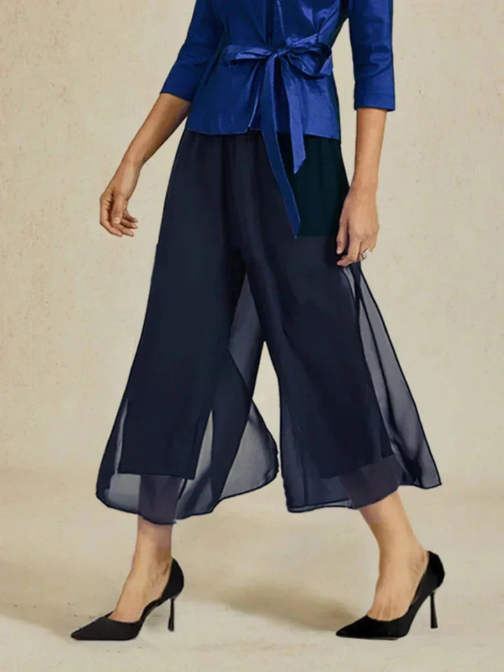 Broek Met Korte Lengte En Rechte Pijpen Met Chiffon Split-Overlay