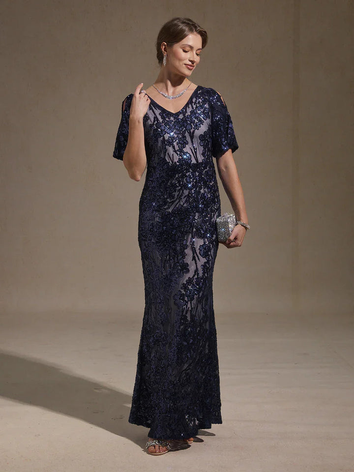 V-hals Avondjurk met Paillettenborduursel en Cold-Shoulder