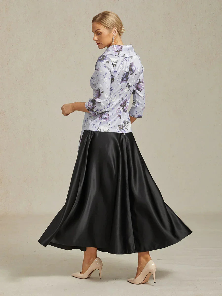 3/4-Mouw Stretchtaffeta Blouse met Strikdetail in de Taille