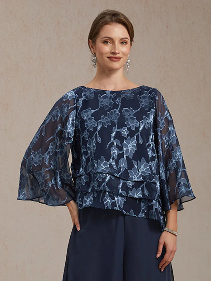 Bloemenchiffonblouse Met Boothals En A-Lijnmouwen