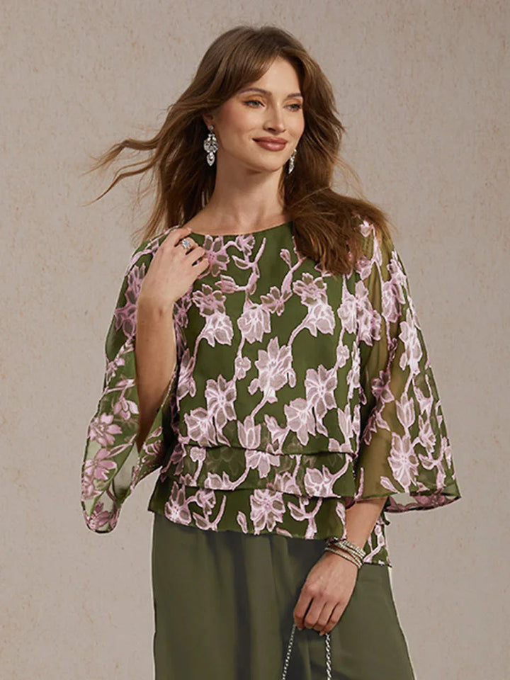 Bloemenchiffonblouse met Boothals en A-lijnmouwen