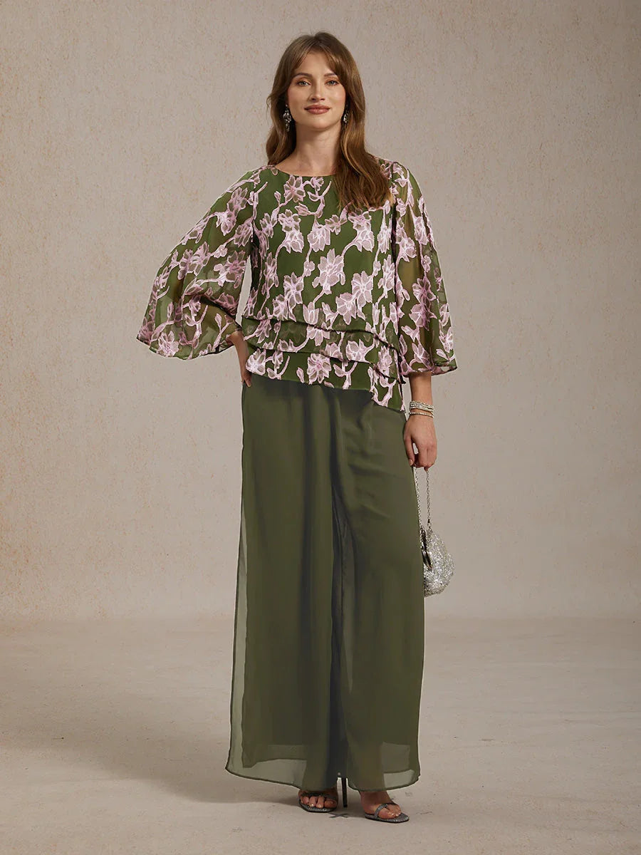 Bloemenchiffonblouse met boothals en A-lijnmouwen