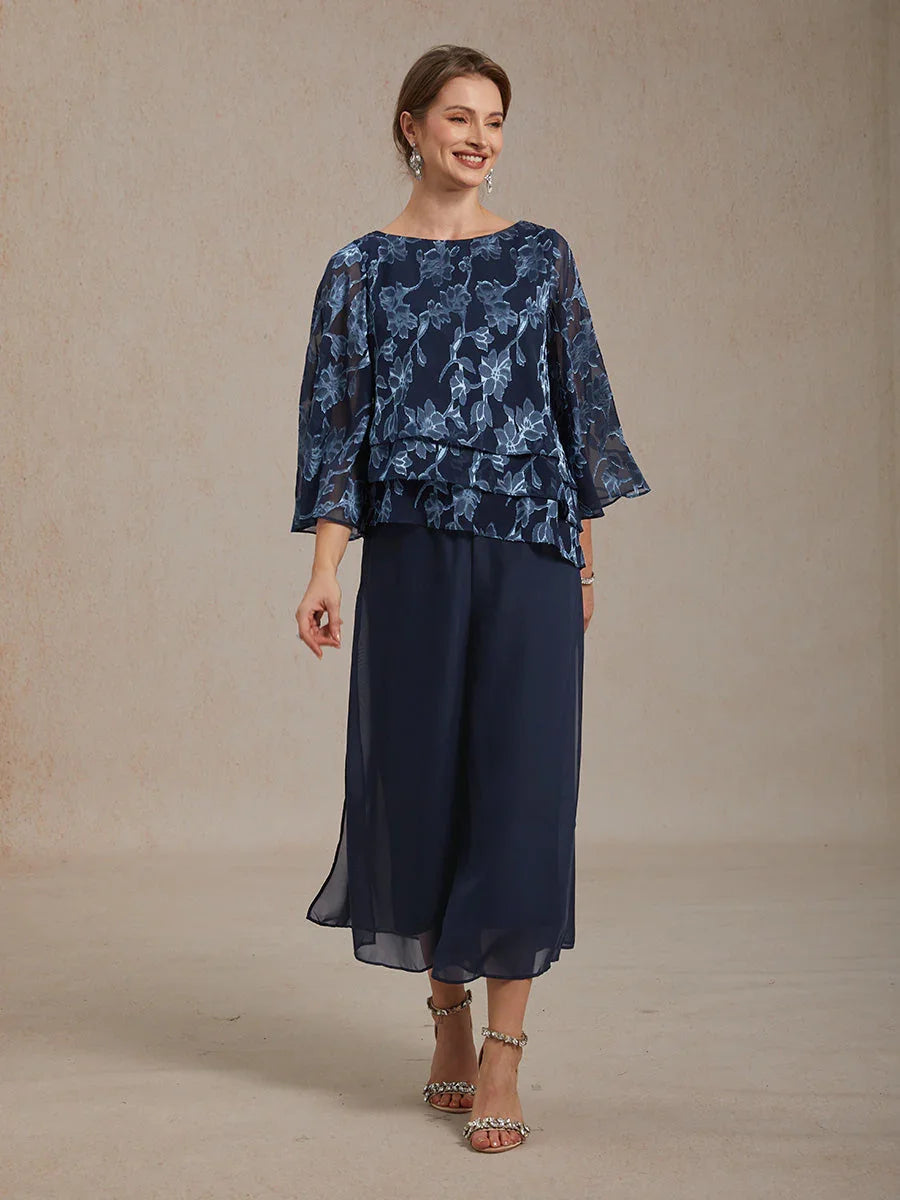 Bloemenchiffonblouse met boothals en A-lijnmouwen
