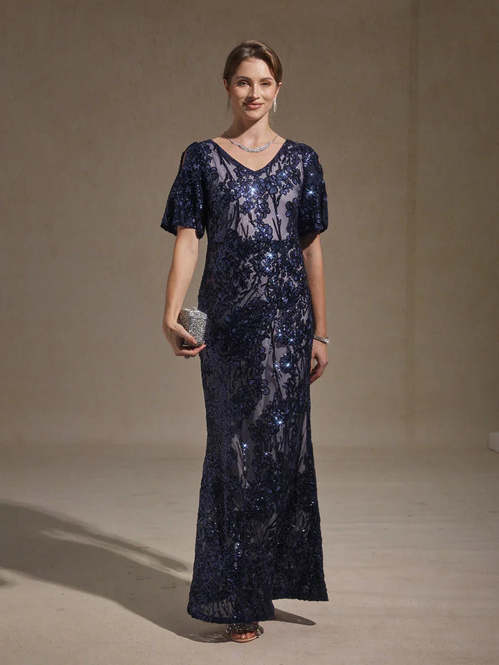 V-hals Avondjurk met Paillettenborduursel en Cold-Shoulder