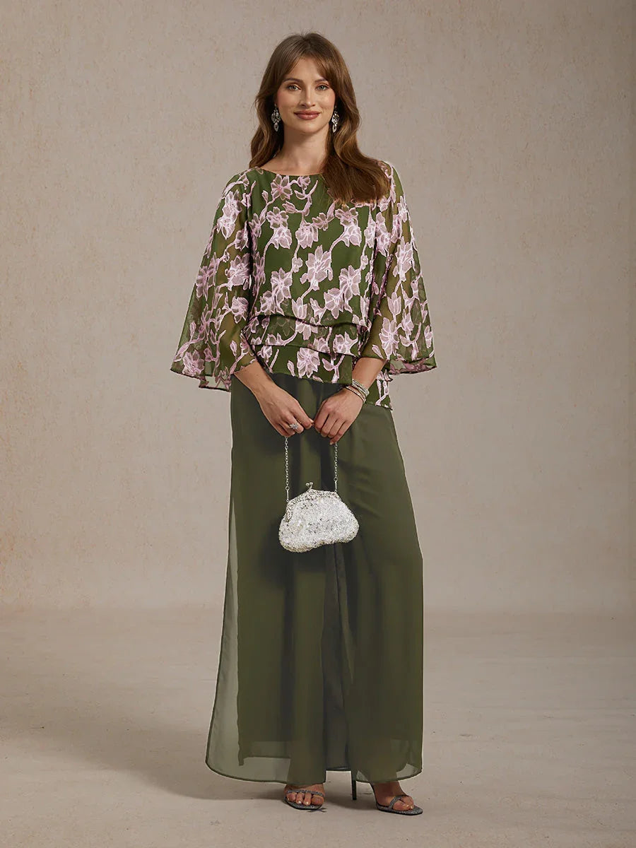 Bloemenchiffonblouse met Boothals en A-lijnmouwen