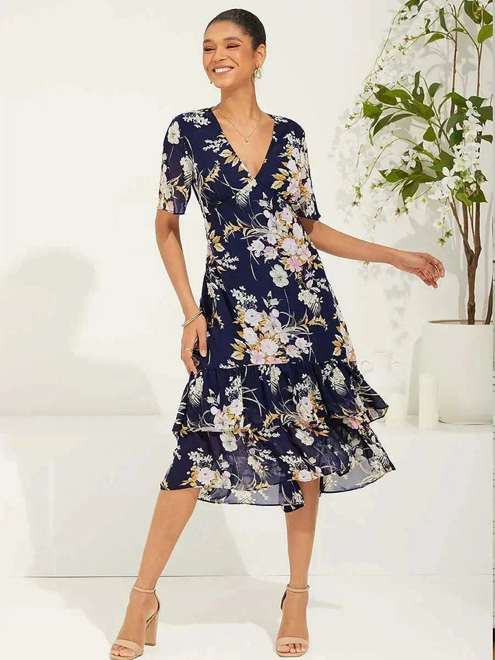 Bloemenchiffon V-hals Midi-jurk met Ruches
