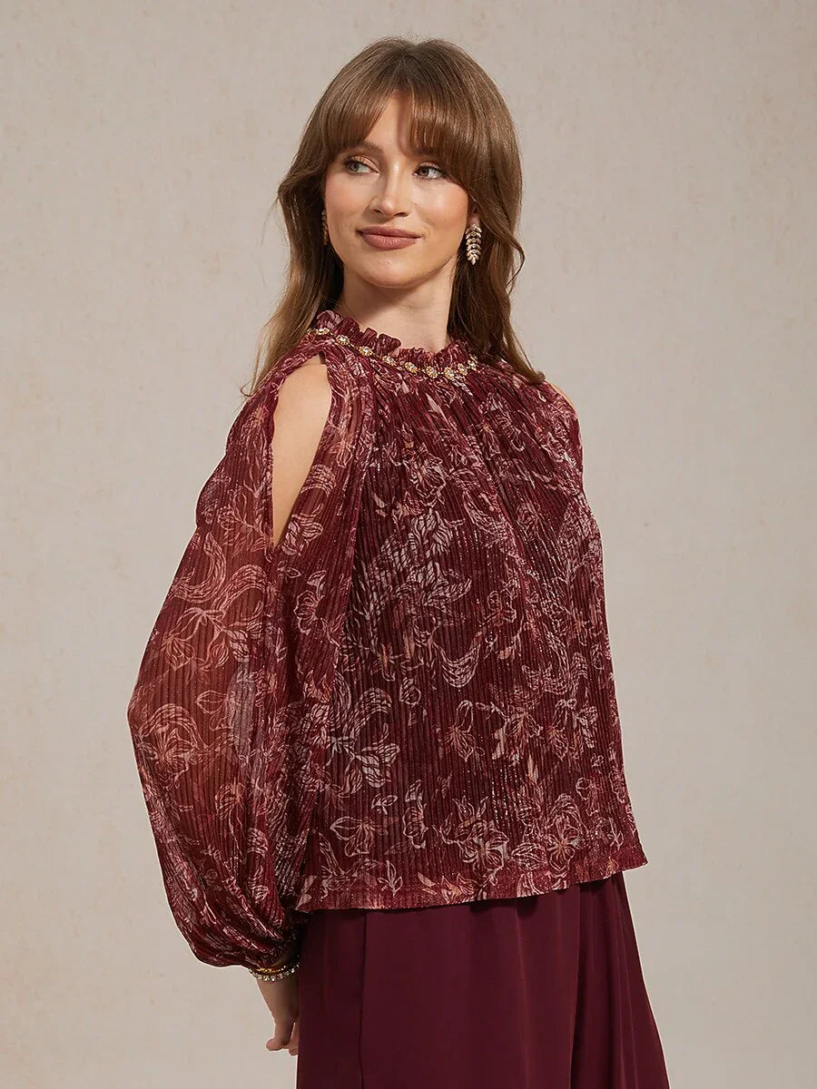 Chiffonblouse Met Ruches, Open Schouders En Metallicdetail