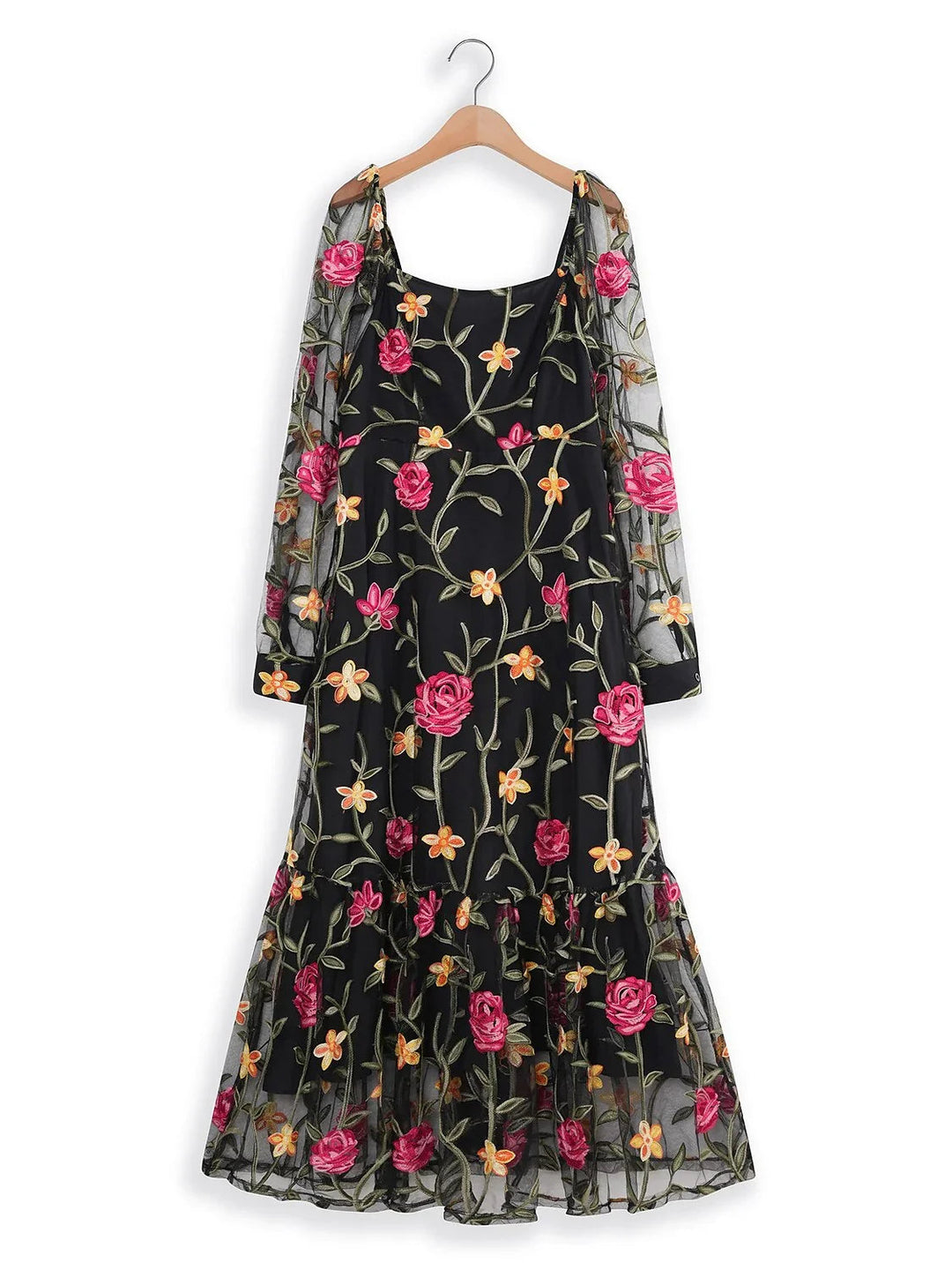 Floral Embroidery Mesh Square Neck Maxi Dress