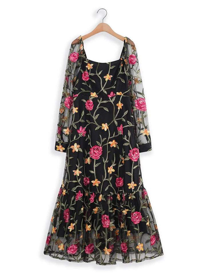 Floral Embroidery Mesh Square Neck Maxi Dress
