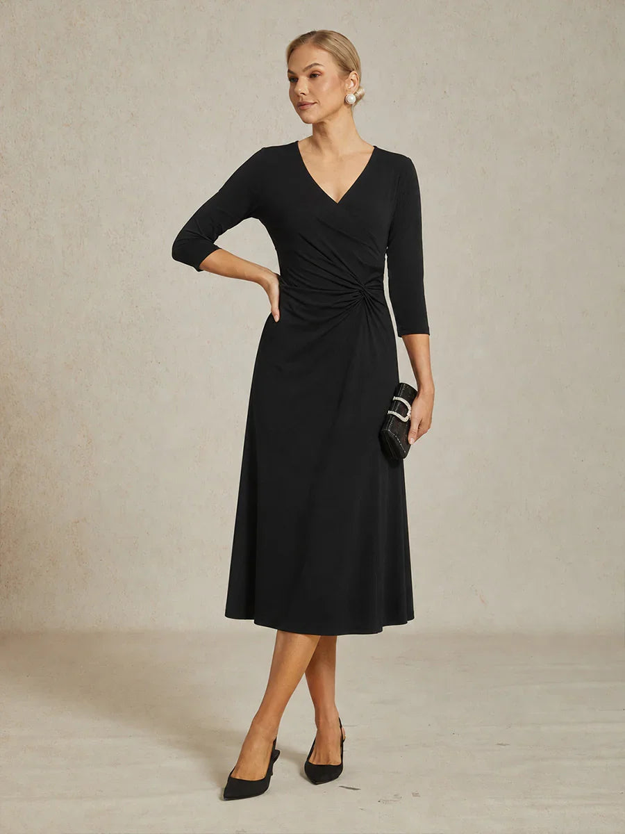 V-Neck A-Line Knit Dress with Waist Twist Design