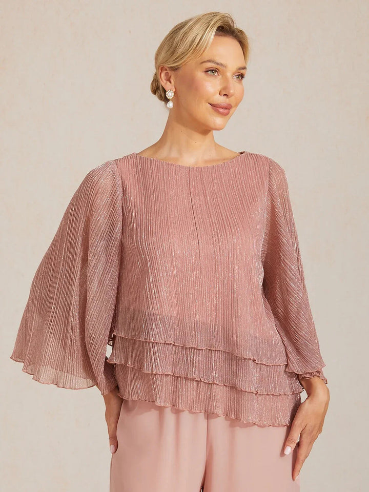 Metallic Geplooide Chiffon Asymmetrische Gelaagde Blouse