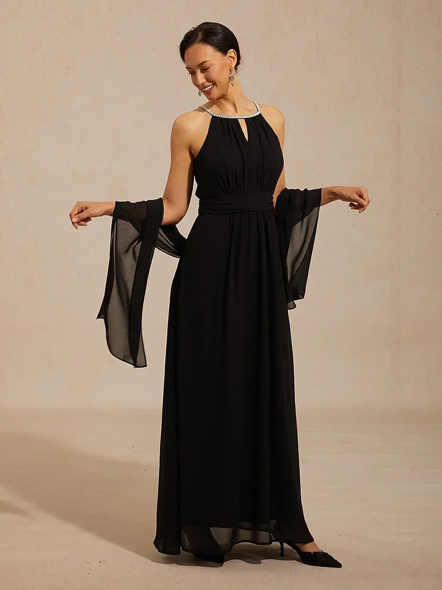 Chiffon Parel Halterhals Vloerlang Jurk met Kreukbestendig Chiffon