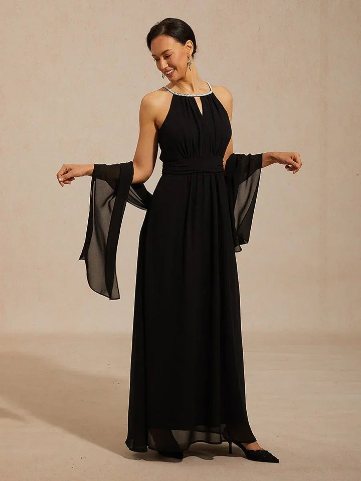 Chiffon Parel Halterhals Vloerlang Jurk met Kreukbestendig Chiffon