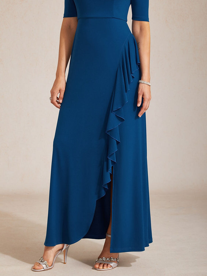Boat Neck Ruffle A-Line Maxi Dress with Rhinestone Neck Detail