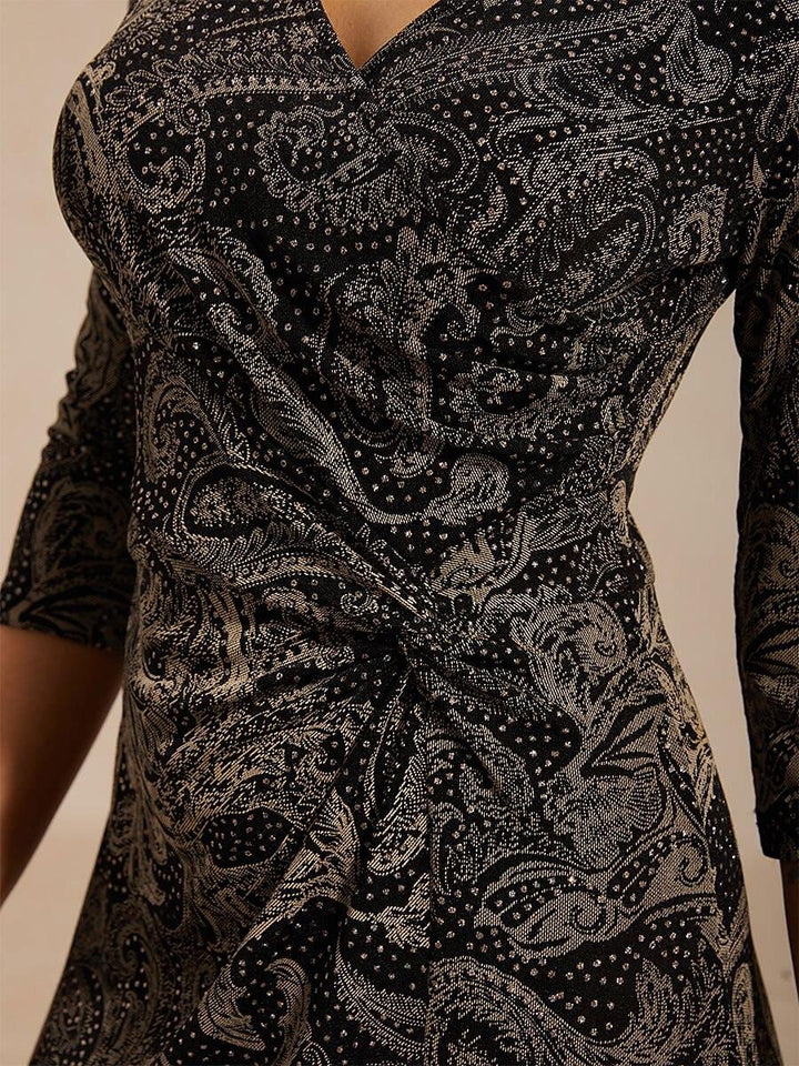 Paisley V-Hals A-Lijn Gebreide Jurk met Taille-Twist